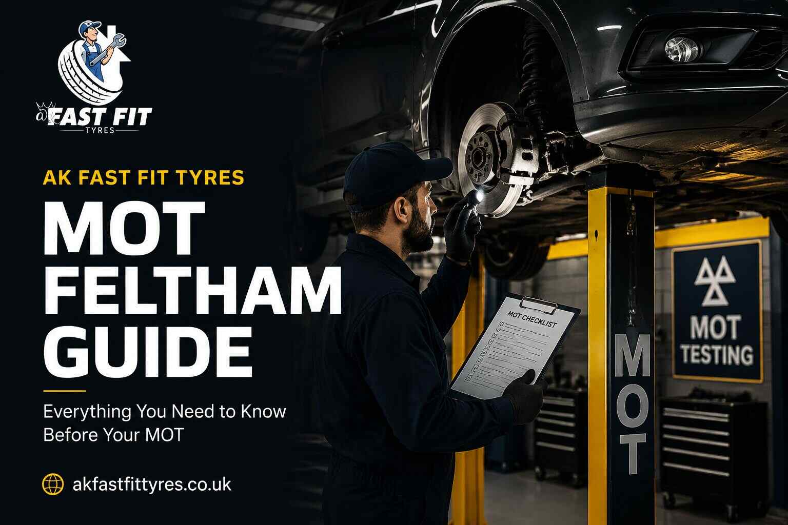 A mot and service poster of AK Fast Fit tyres garage in Feltham