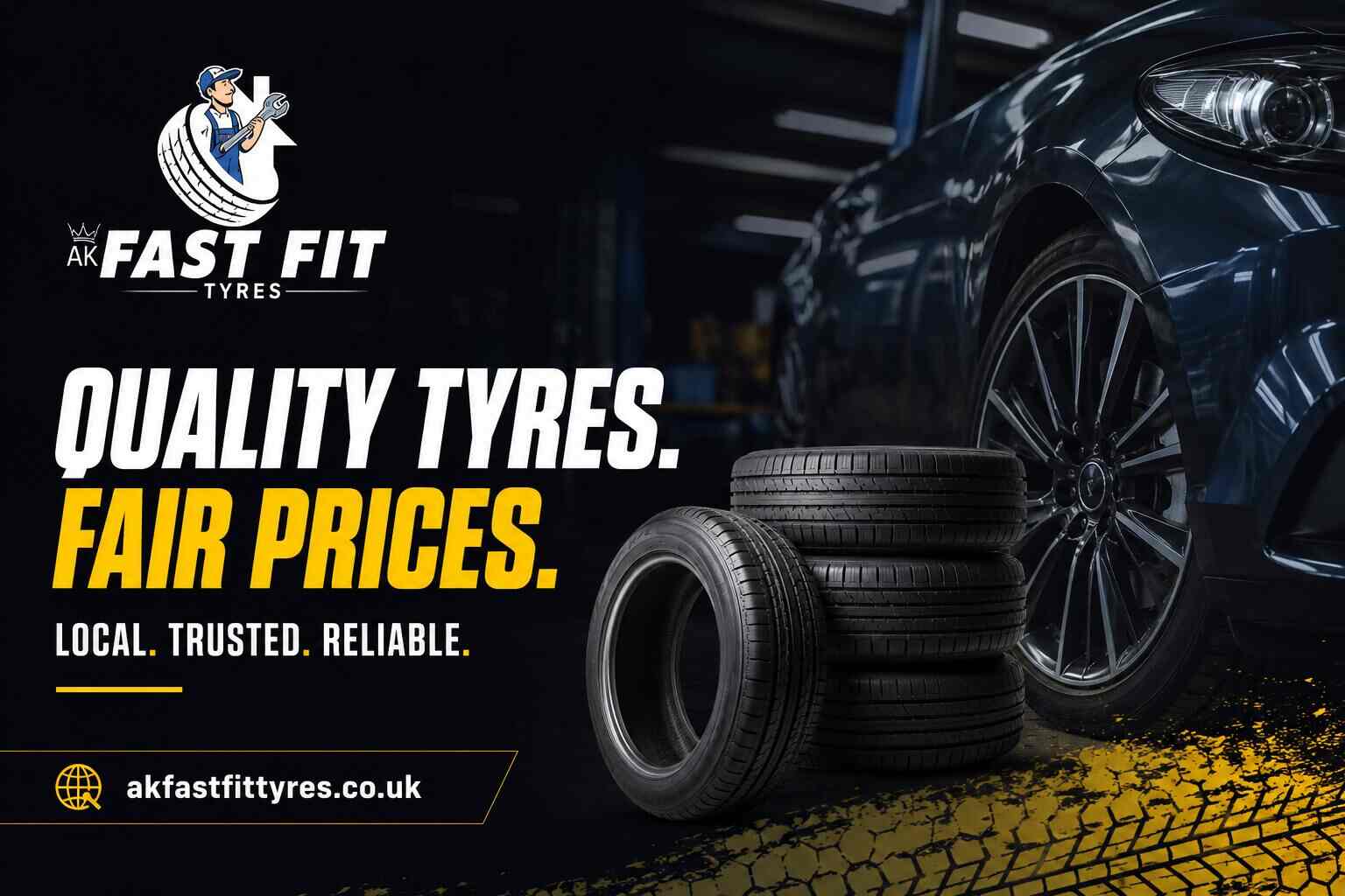 A used tyres service poster of AK Fast Fit tyres garage in Feltham