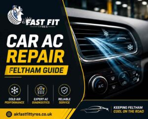 A car ac repair service poster of AK Fast Fit tyres garage in Feltham