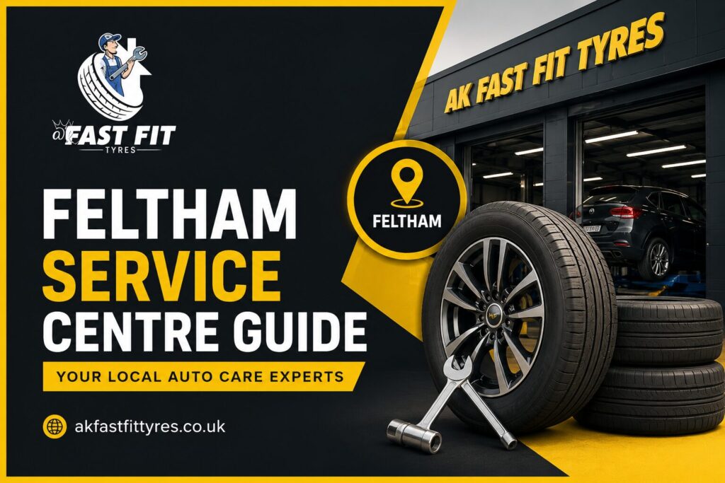 A poster of front of a full vehicle service garage of a Feltham service centre known as AK Fast Fit Tyres