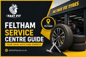 A poster of front of a full vehicle service garage of a Feltham service centre known as AK Fast Fit Tyres