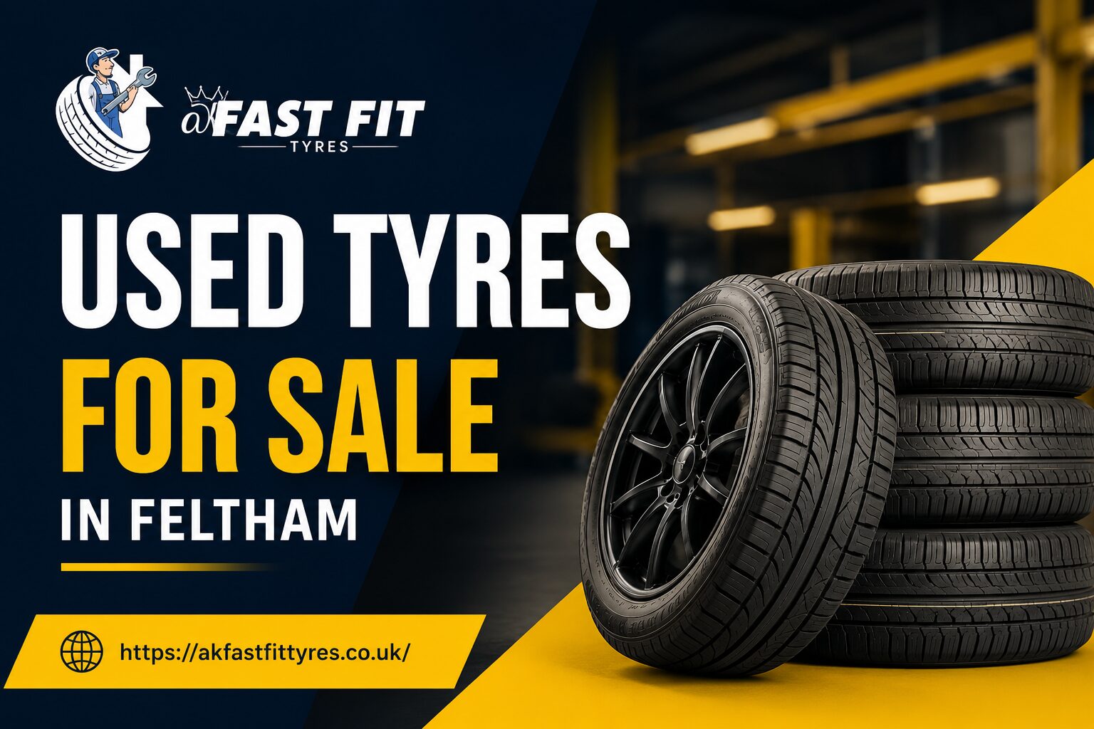 Used tyres and part worn tyres stacked at the AK Fast Fit Tyres garage in Feltham