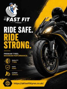 A motorbike tyres service poster of AK Fast Fit tyres garage in Feltham