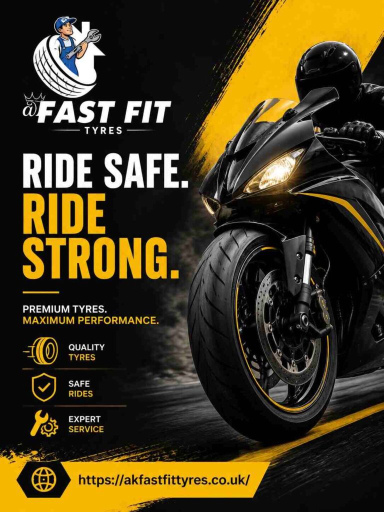 A motorbike tyres service poster of AK Fast Fit tyres garage in Feltham