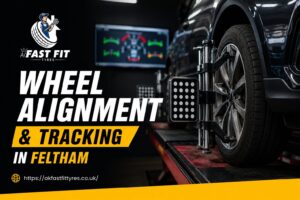 Technician checking wheel alignment and tracking on a car in a Feltham garage