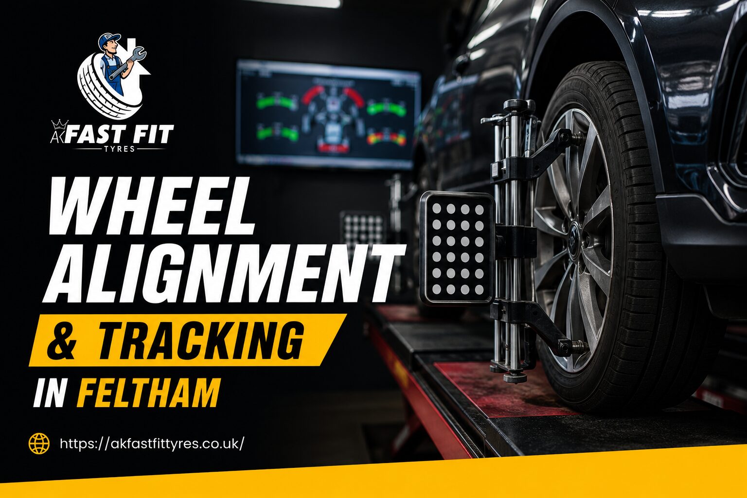 Technician checking wheel alignment and tracking on a car in a Feltham garage