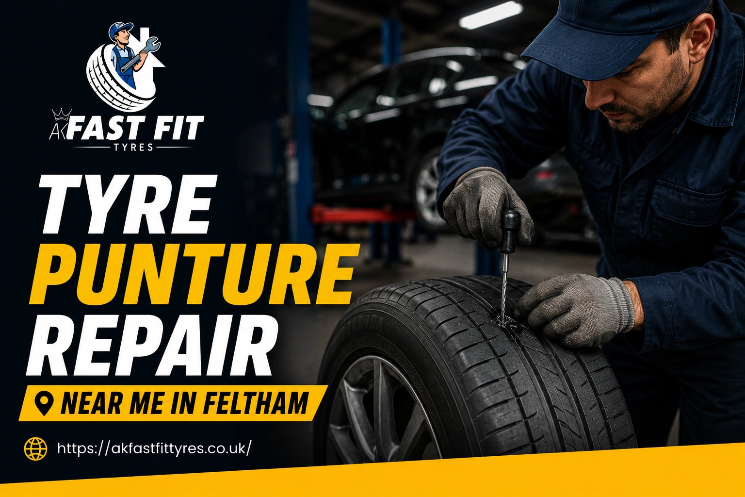 Mechanic repairing a punctured tyre at AK Fast Fit Tyres garage in Feltham