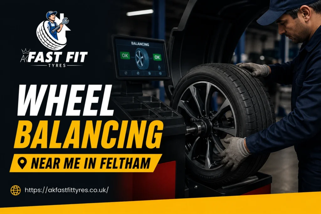 Technician balancing a car wheel on a machine at AK Fast Fit Tyres in Feltham