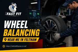 Technician balancing a car wheel on a machine at AK Fast Fit Tyres in Feltham