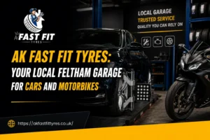 Technicians working on a car and motorbike at AK Fast Fit Tyres, a local garage in Feltham