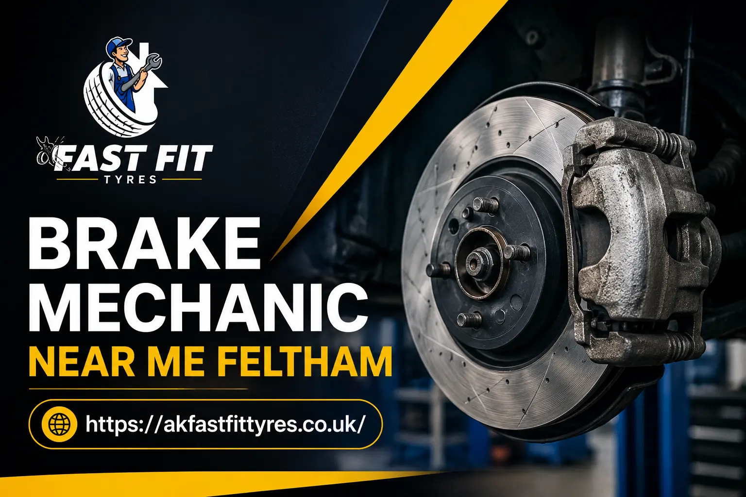 Mechanic inspecting brake pads and discs at AK Fast Fit Tyres Garage in Feltham.