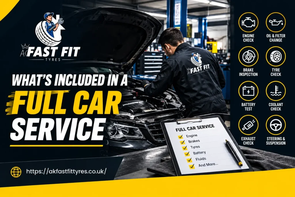 Mechanic working through a full car service checklist at AK Fast Fit Tyres in Feltham
