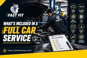 Mechanic working through a full car service checklist at AK Fast Fit Tyres in Feltham