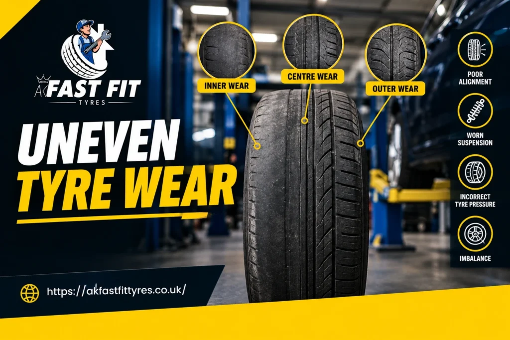 Technician inspecting an unevenly worn tyre tread at AK Fast Fit Tyres in Feltham