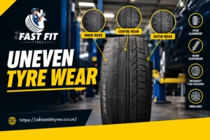 Technician inspecting an unevenly worn tyre tread at AK Fast Fit Tyres in Feltham
