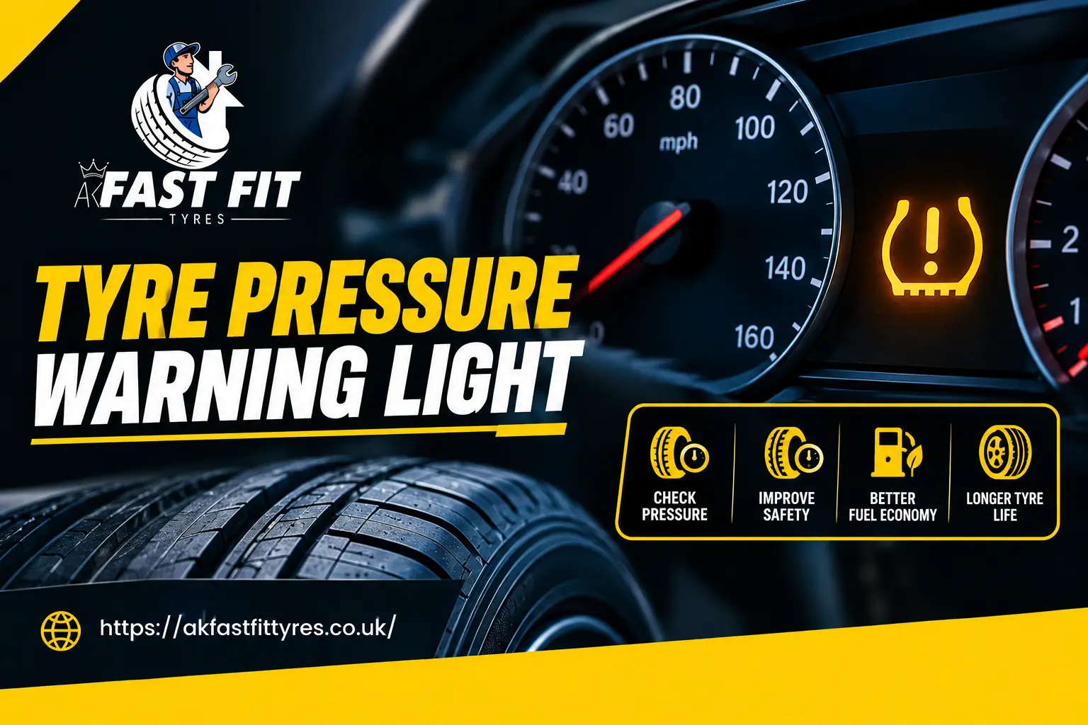 Dashboard tyre pressure warning light illuminated in a car checked at AK Fast Fit Tyres in Feltham
