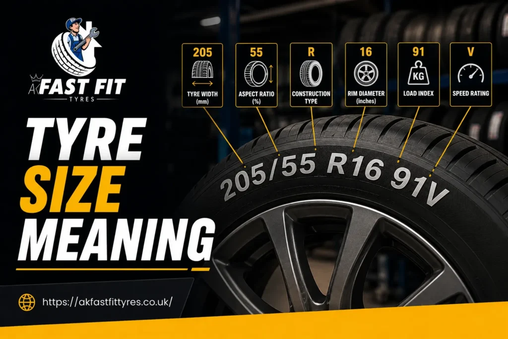 tyre size meaning, tyre size explained, how to read tyre size, tyre sidewall markings, tyre size guide UK, 205/55 R16, tyre aspect ratio, tyre width, tyre load index, tyre speed rating, 225/40 R18, tyres Feltham
